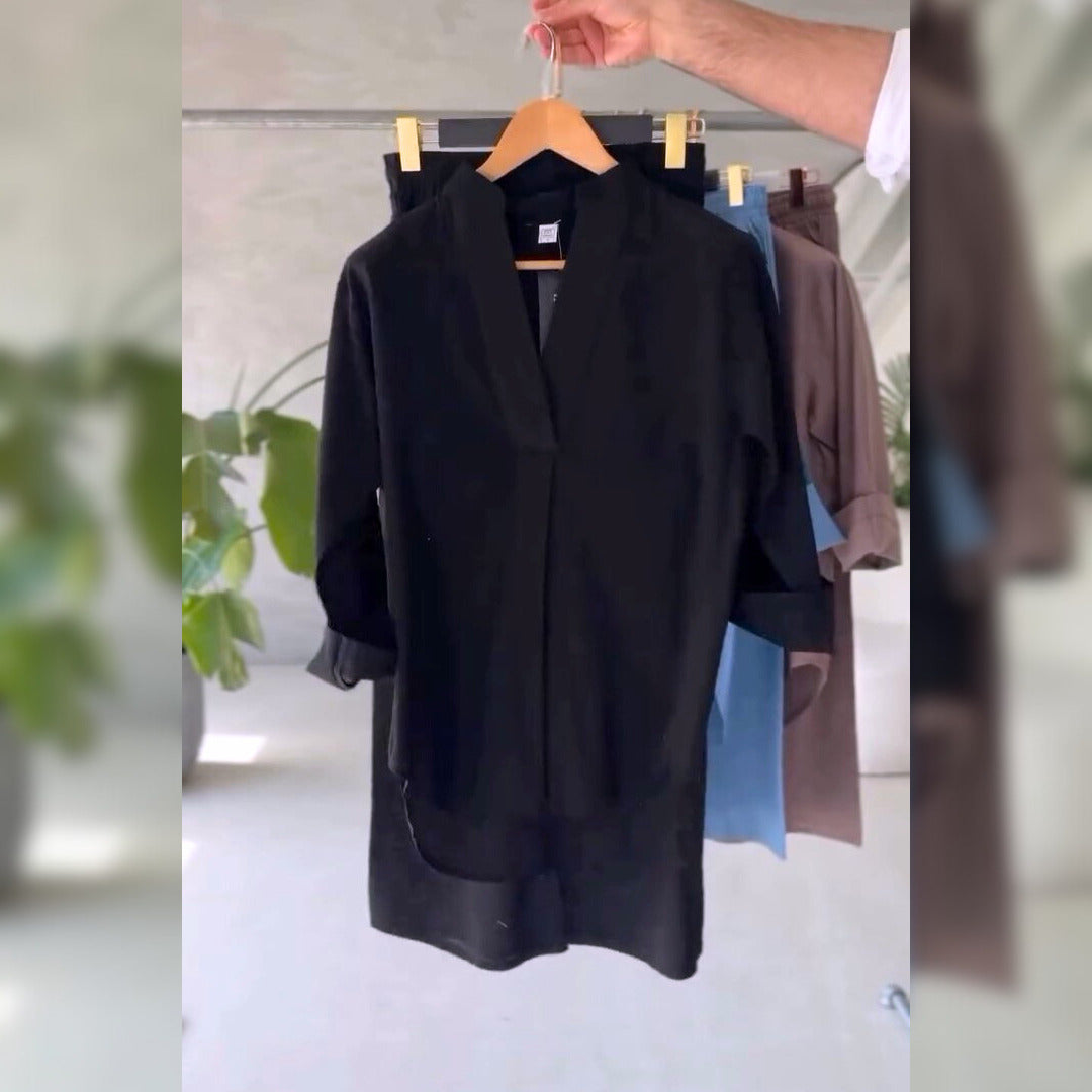 Women's V-Neck Pure Cotton Stuff Shirt & Trouser Set