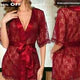 2PCS Net Gown & Panty Luxury Lace Satin Nightwear Robe for Women – Sheer Lace Nighty with Belt | Bridal Honeymoon Lingerie Night Dress