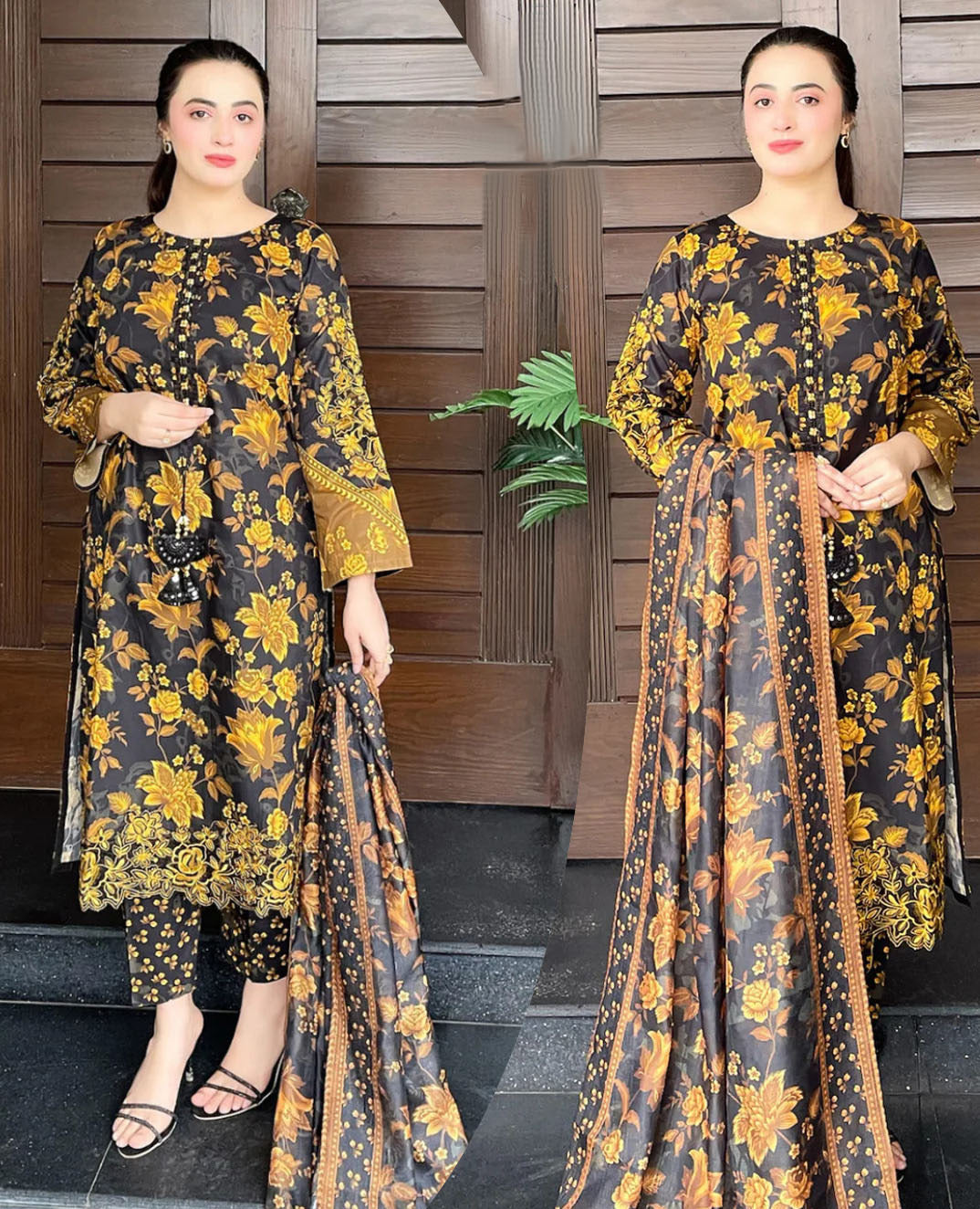 ❤️Front And Back Allover Digital Printed Handwork Shirt With Flapper Cord Set 3Pcs😍