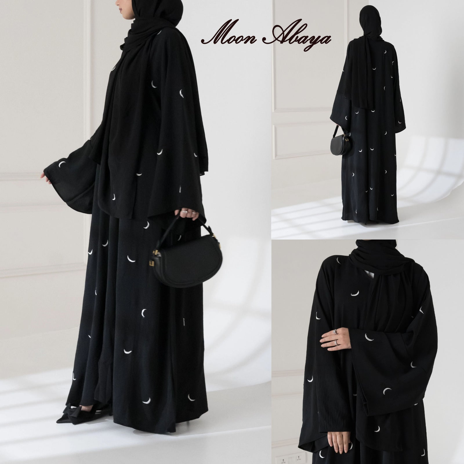 Front Back Moon 🌙 Embroidered Abaya with stoller 2PCs 