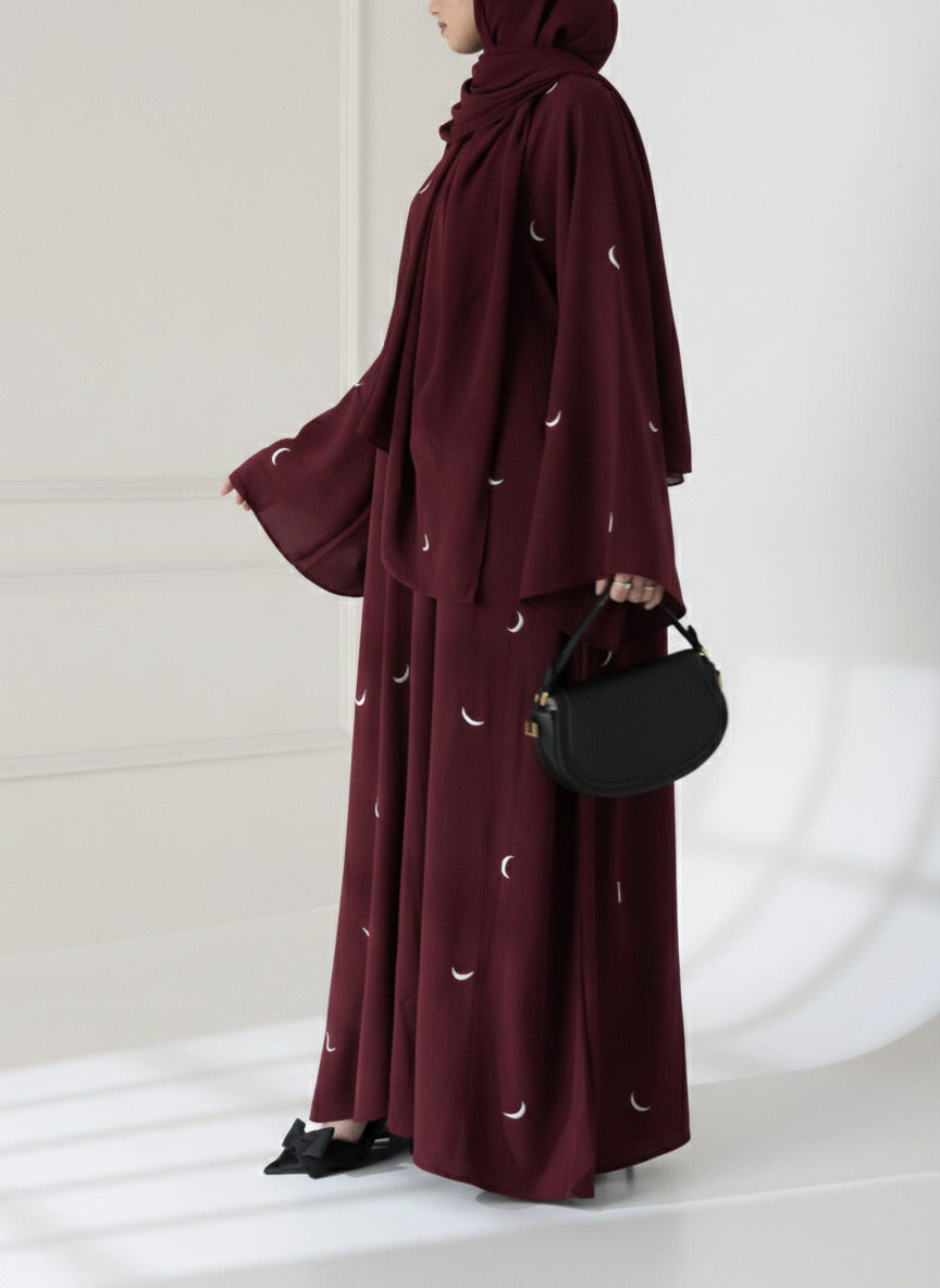 Front Back Moon 🌙 Embroidered Abaya with stoller 2PCs 