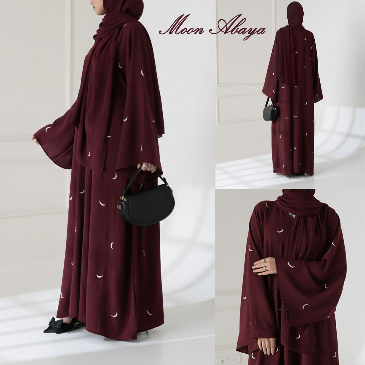 Front Back Moon 🌙 Embroidered Abaya with stoller 2PCs 