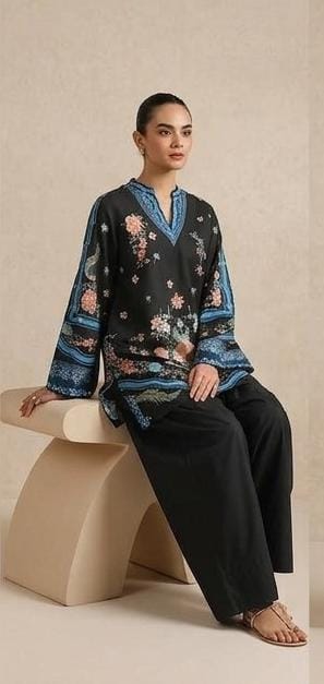 Black Floral Printed 2 Piece (Shirt aur Trouser)