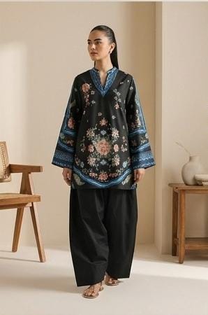 Black Floral Printed 2 Piece (Shirt aur Trouser)