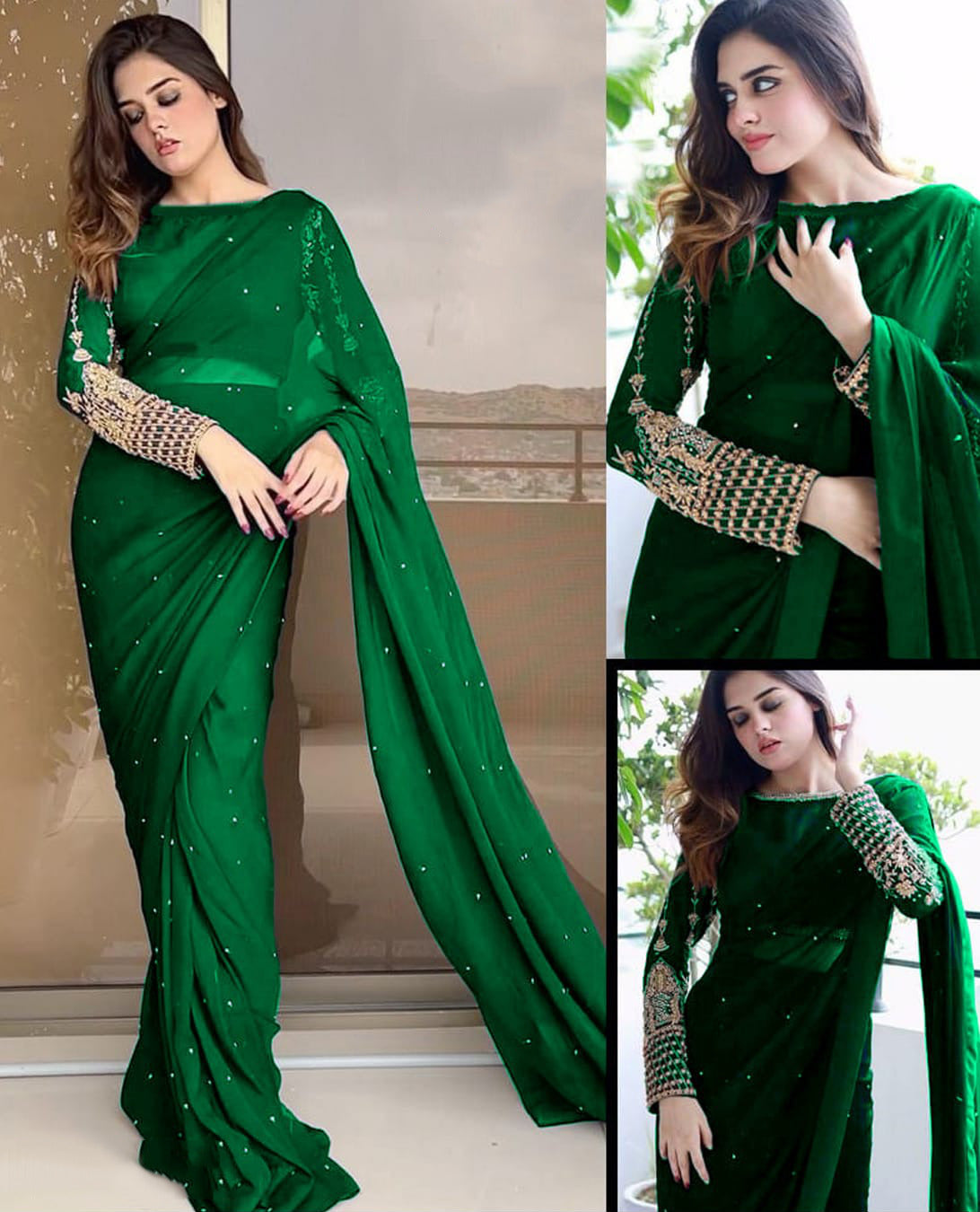 Stiched Pearls Embroidered Saree With Petticoat And Blouse (3 Colour)