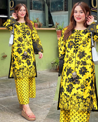 ❤️Front And Back Allover Digital Printed Handwork Shirt With Flapper Cord Set 3Pcs😍