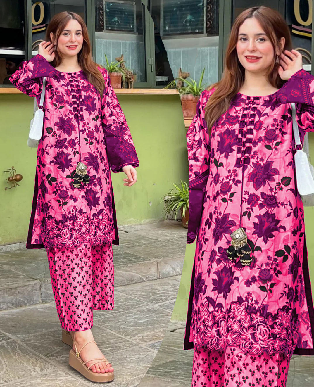 ❤️Front And Back Allover Digital Printed Handwork Shirt With Flapper Cord Set 3Pcs😍