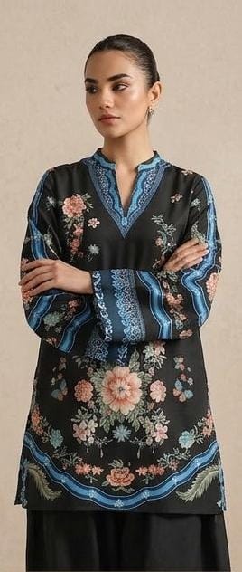 Black Floral Printed 2 Piece (Shirt aur Trouser)