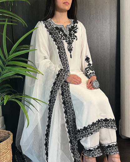 Elegant White Embroidered Formal Wedding 3-Pieces
