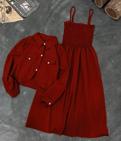 Kaaj Button Coaty with Gazzer Romper Frock 2 Pcs