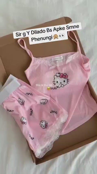 Hello Kitty Pink Soft Ribbed Cami & Shorts Pajama Set for Women